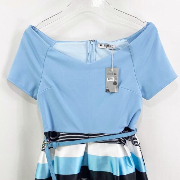 FASHION LINE Vintage 90s Blue Striped Off Shoulder V-Neck Midi Dress NWT - Picture 4 of 9